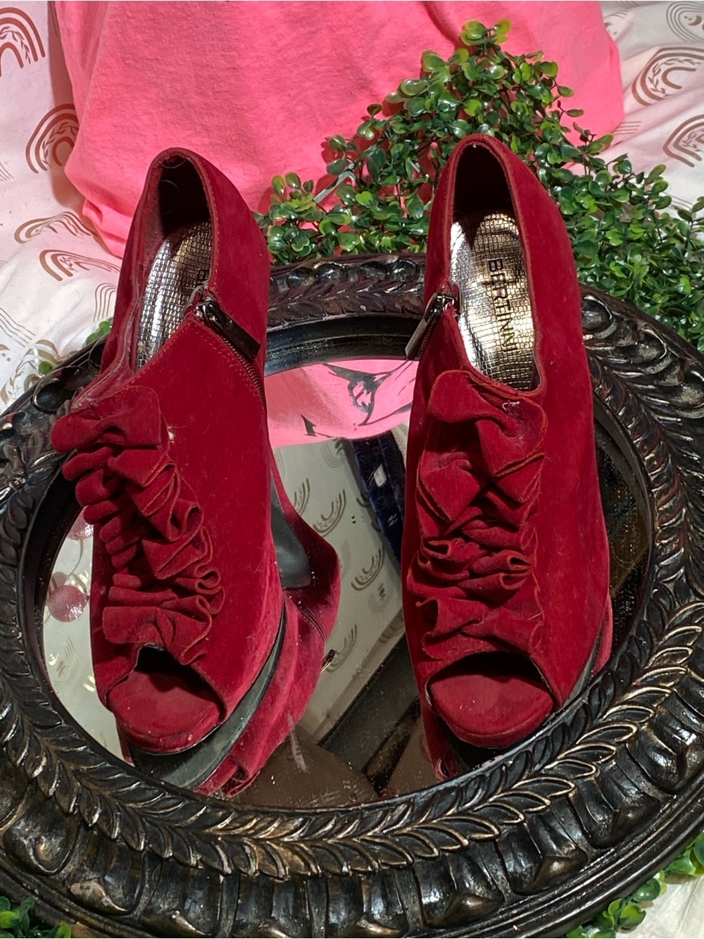Women’s Red Suede Ruffle Peep-Toe High Heel Booties - Picture 2 of 15